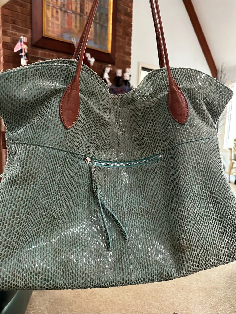 Sorial Tote Bag with Brown Leather Handles Sorial Seafoam Green Bag